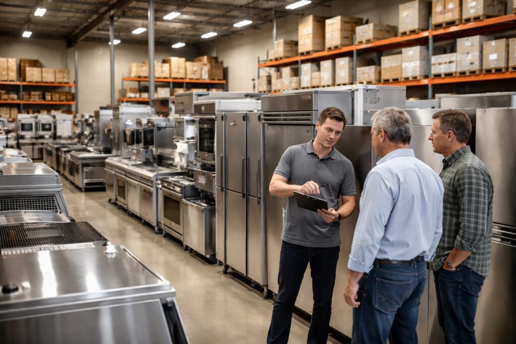commercial appliance showroom with staff assisting customers and rows of modern equipment on display