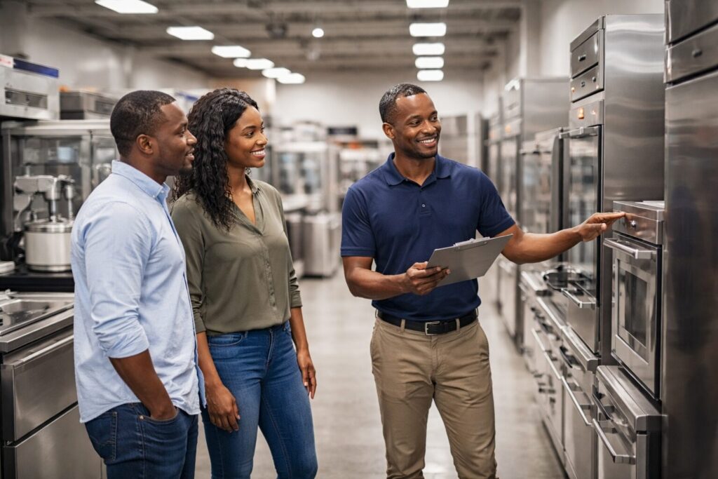 commercial appliance showroom with diverse staff assisting customers among rows of modern equipment and inventory racks