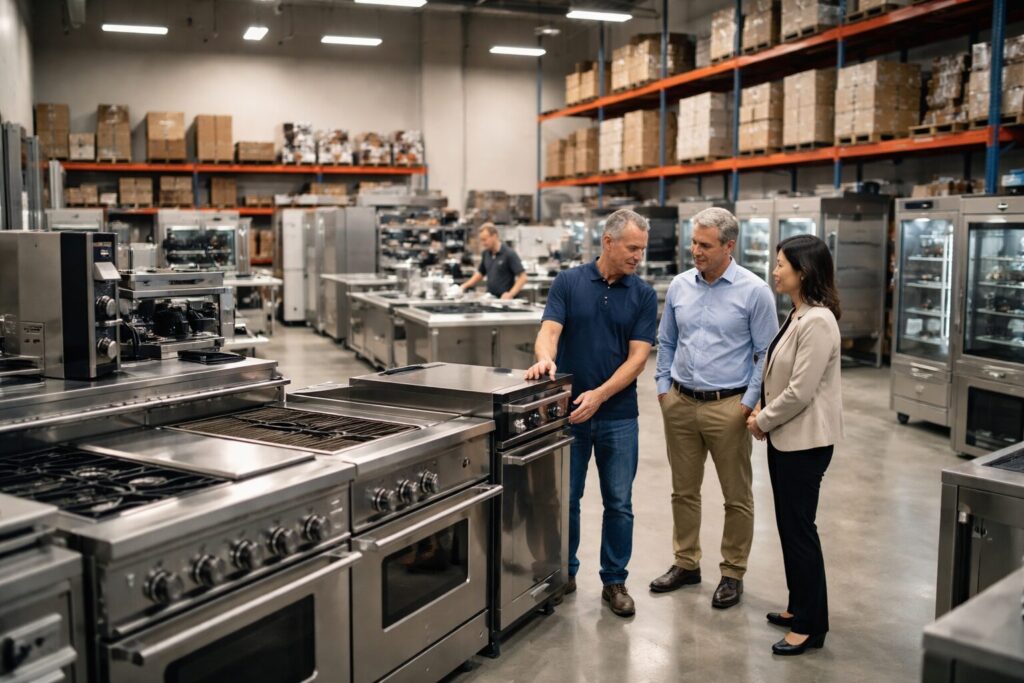 commercial appliance dealer showroom with staff assisting customer among rows of modern equipment on display