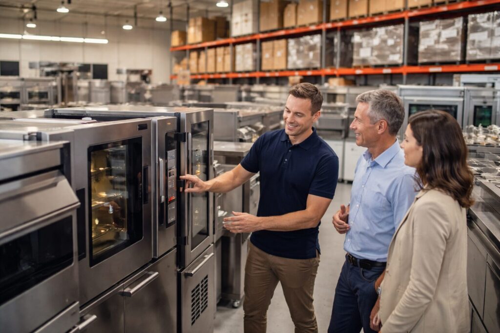 commercial appliance showroom with staff assisting customers and various equipment displayed in organized rows