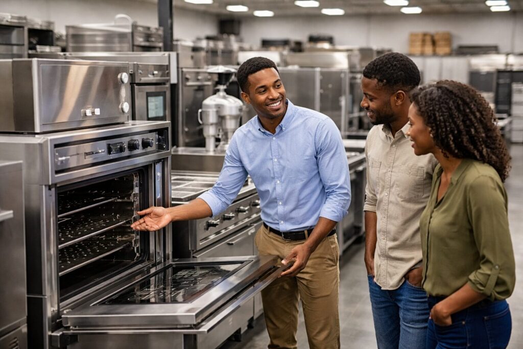 commercial appliance showroom with diverse staff assisting customers among rows of modern equipment and appliances