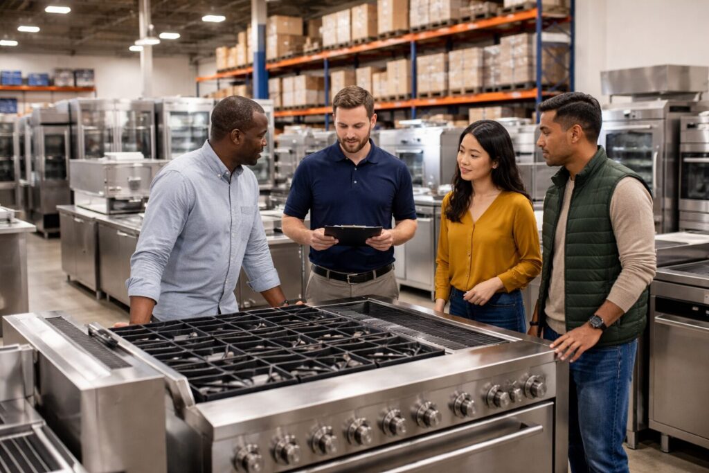 commercial appliance showroom with diverse customers and staff examining equipment on display in a modern dealer environment