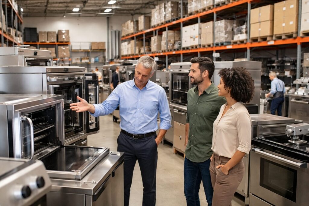 commercial appliance dealer showroom with staff assisting customers and various equipment on display in organized rows