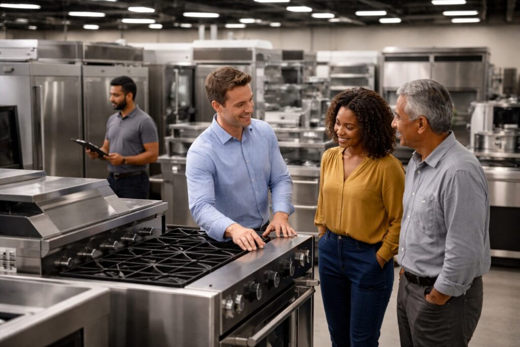 Commercial appliance showroom with diverse customers and staff discussing equipment displayed in organized rows