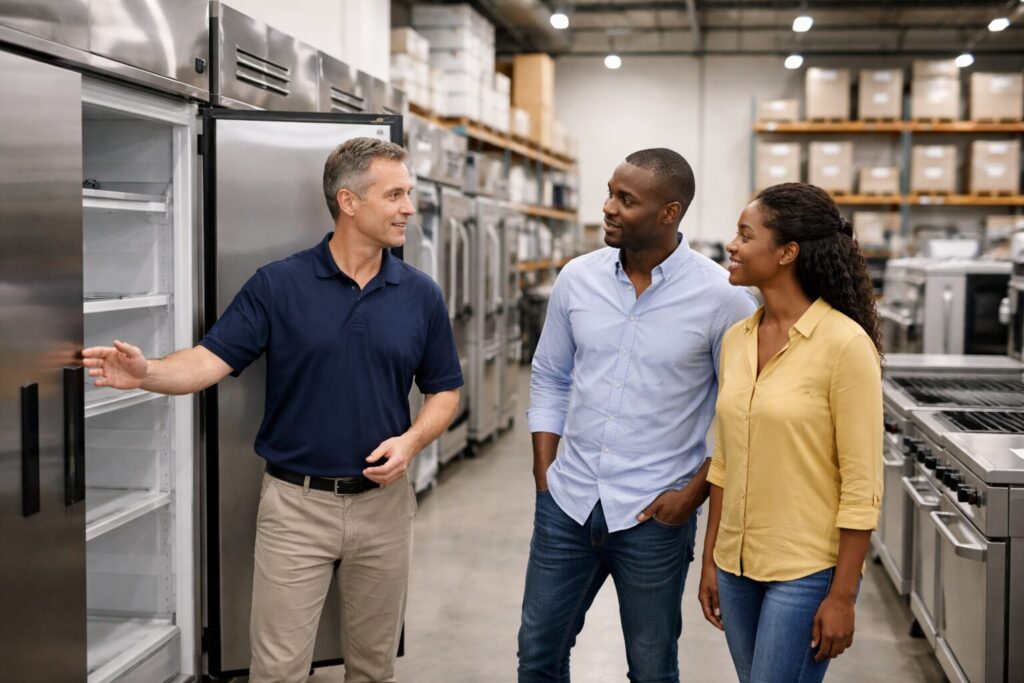 commercial appliance showroom with diverse staff assisting customers among rows of modern equipment and appliances