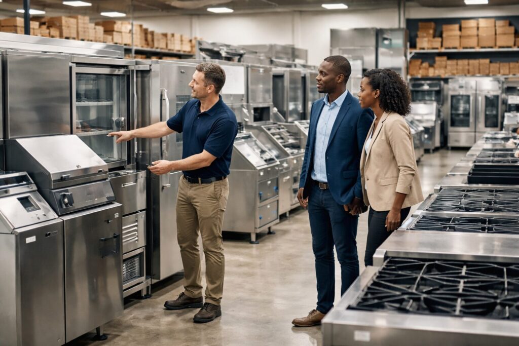 commercial appliance dealer showroom with diverse staff assisting customers among rows of modern equipment displays