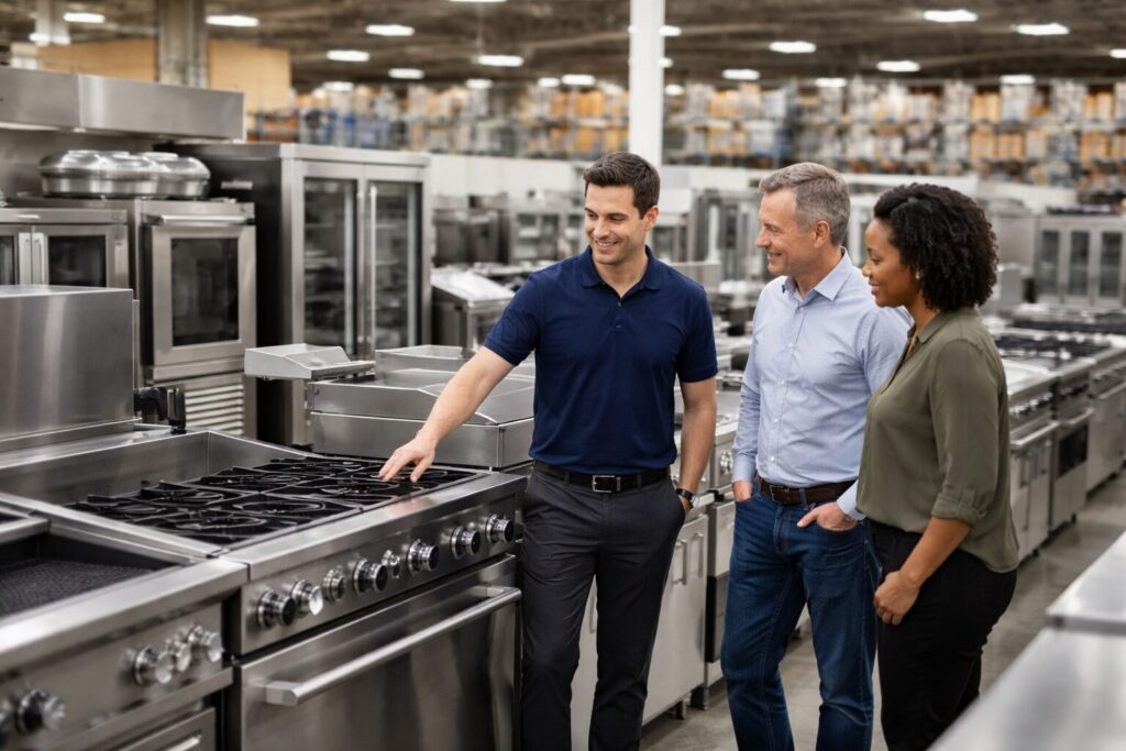 Commercial appliance dealer showing customers commercial kitchen equipment in a clean, organized showroom environment