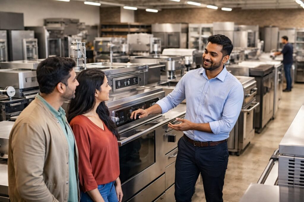 commercial appliance dealer showroom with diverse staff assisting customers among rows of modern equipment displays