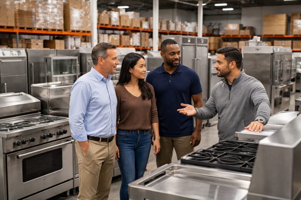 commercial appliance dealer showing equipment to diverse customers in organized showroom with modern commercial gear