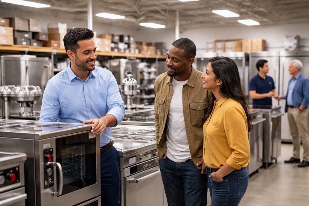 commercial appliance showroom with diverse customers and staff discussing equipment displayed in organized rows