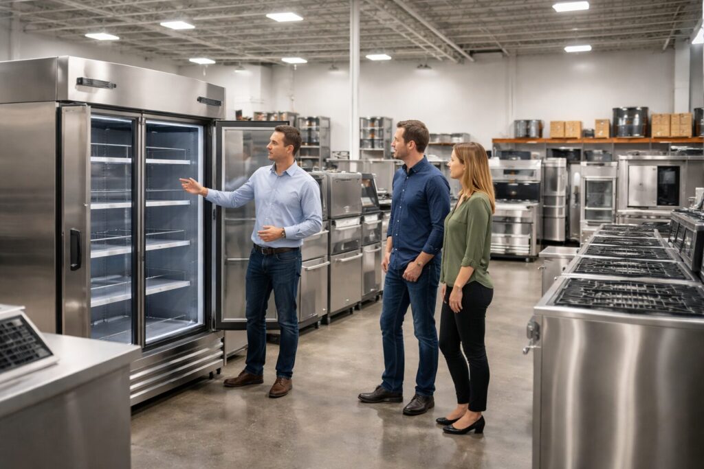 commercial appliance showroom with staff assisting customers and rows of industrial kitchen equipment on display