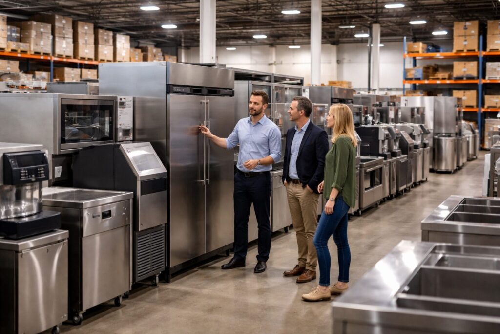 commercial appliance showroom with staff assisting customers and rows of modern equipment on display in organized space