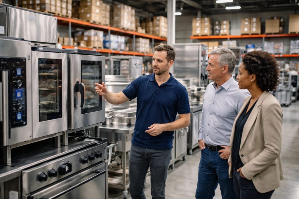 Commercial appliance showroom with staff assisting customers examining equipment on display in organized rows