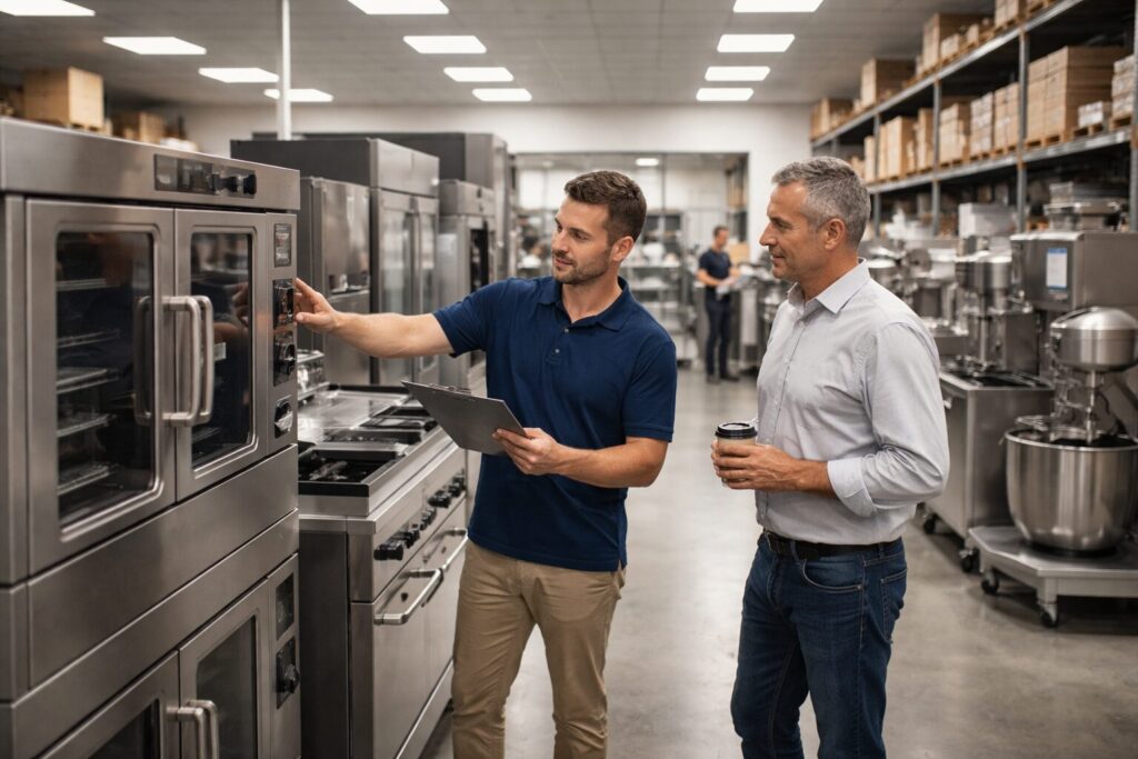 commercial appliance dealer showroom with staff assisting customers and rows of modern equipment on display