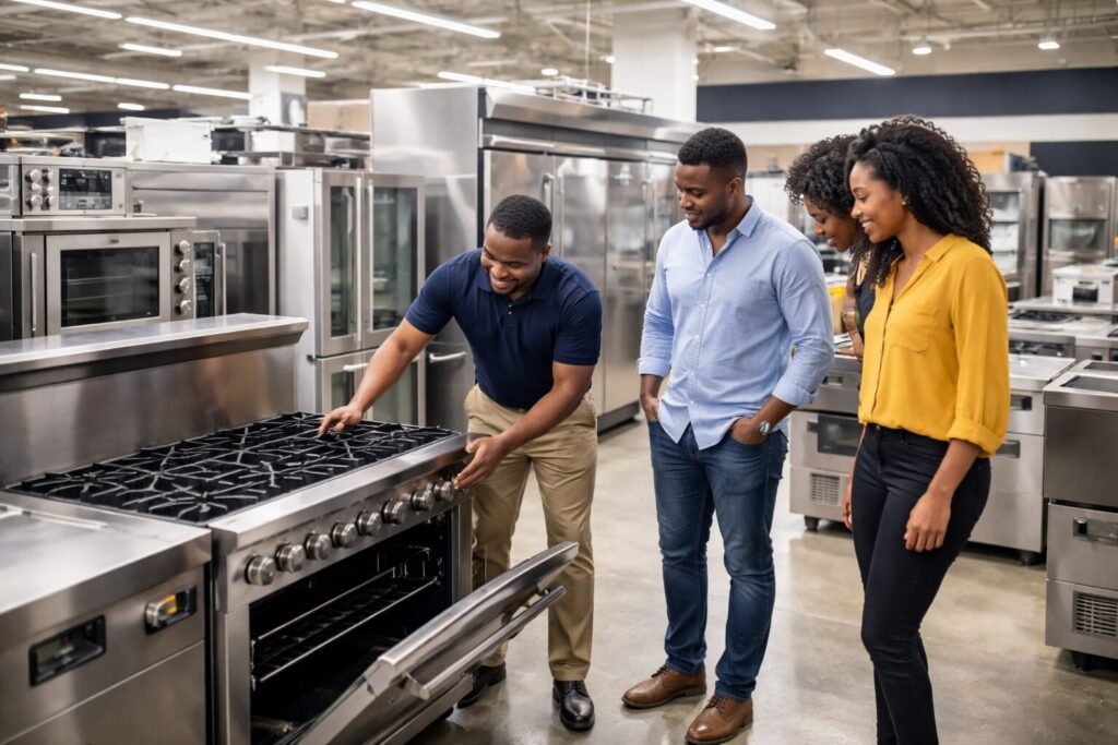 commercial appliance showroom with diverse staff assisting customers among rows of modern equipment and appliances