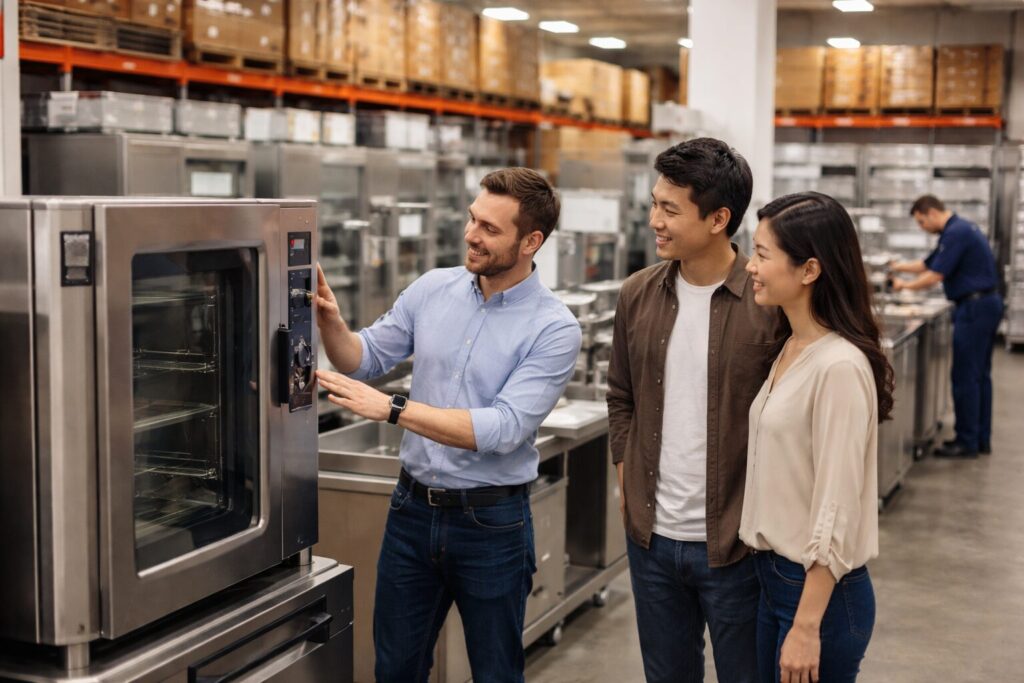 Asian commercial appliance dealer showing equipment to a customer in a modern showroom with various appliances displayed