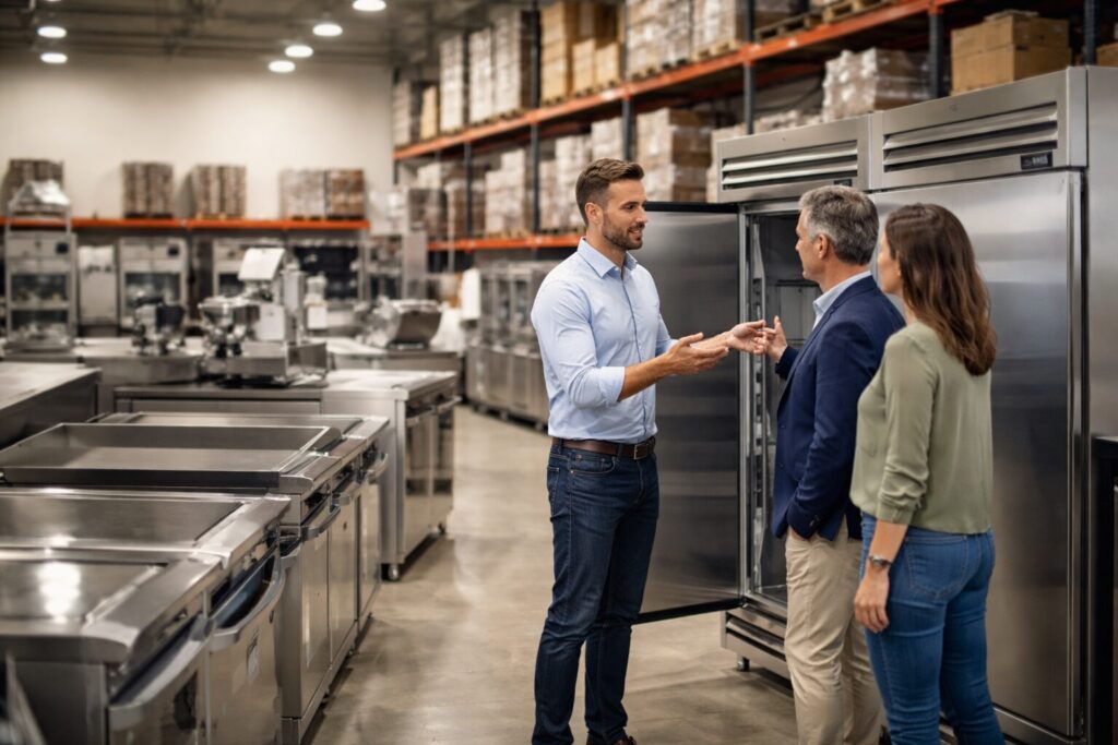 commercial appliance showroom with staff assisting customers and various equipment displayed in organized rows